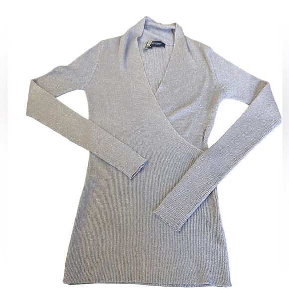 Karen Kane Metallic silver knit top, faux crisscross front closure size med - Picture 1 of 7